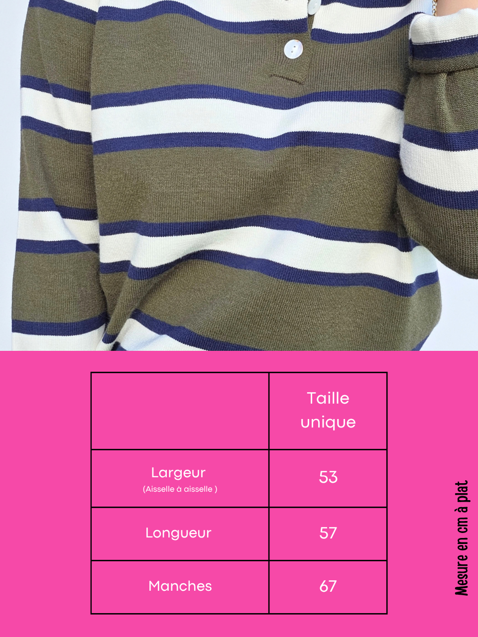 Pull polo rayé marine et kaki maille douce