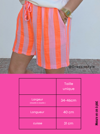 Short femme rayé en gaze de coton rose et orange