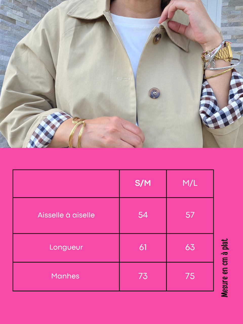 Trench court femme beige oversize à revers carreaux