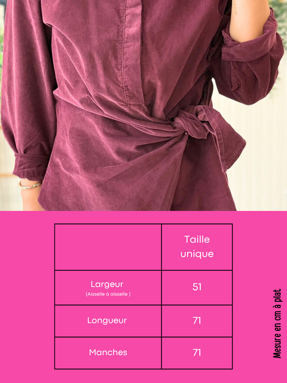 Chemise en velours côtelé bordeaux femme à nouer