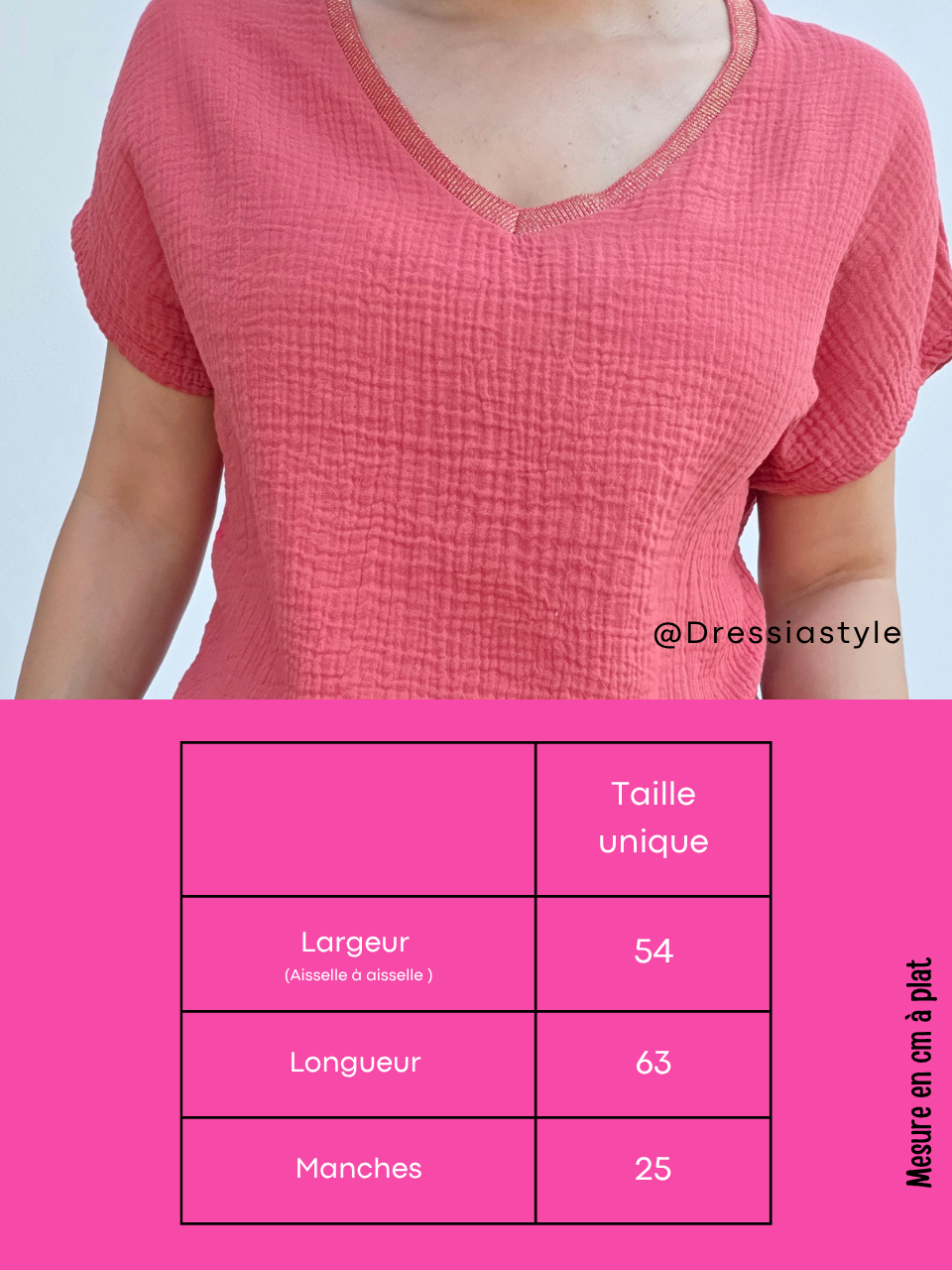 Haut femme en gaze de coton terracotta col V irisé – Taille unique