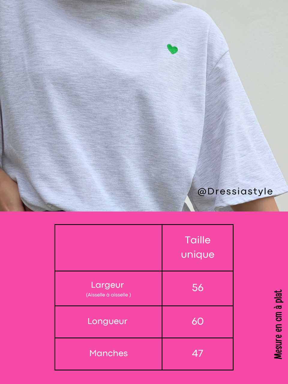 Tee-shirt gris femme en coton avec cœur vert brodé – Taille unique 36 à 42