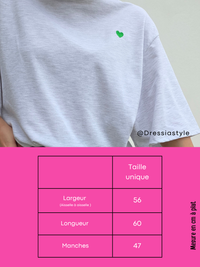 Tee-shirt gris femme en coton avec cœur vert brodé – Taille unique 36 à 42