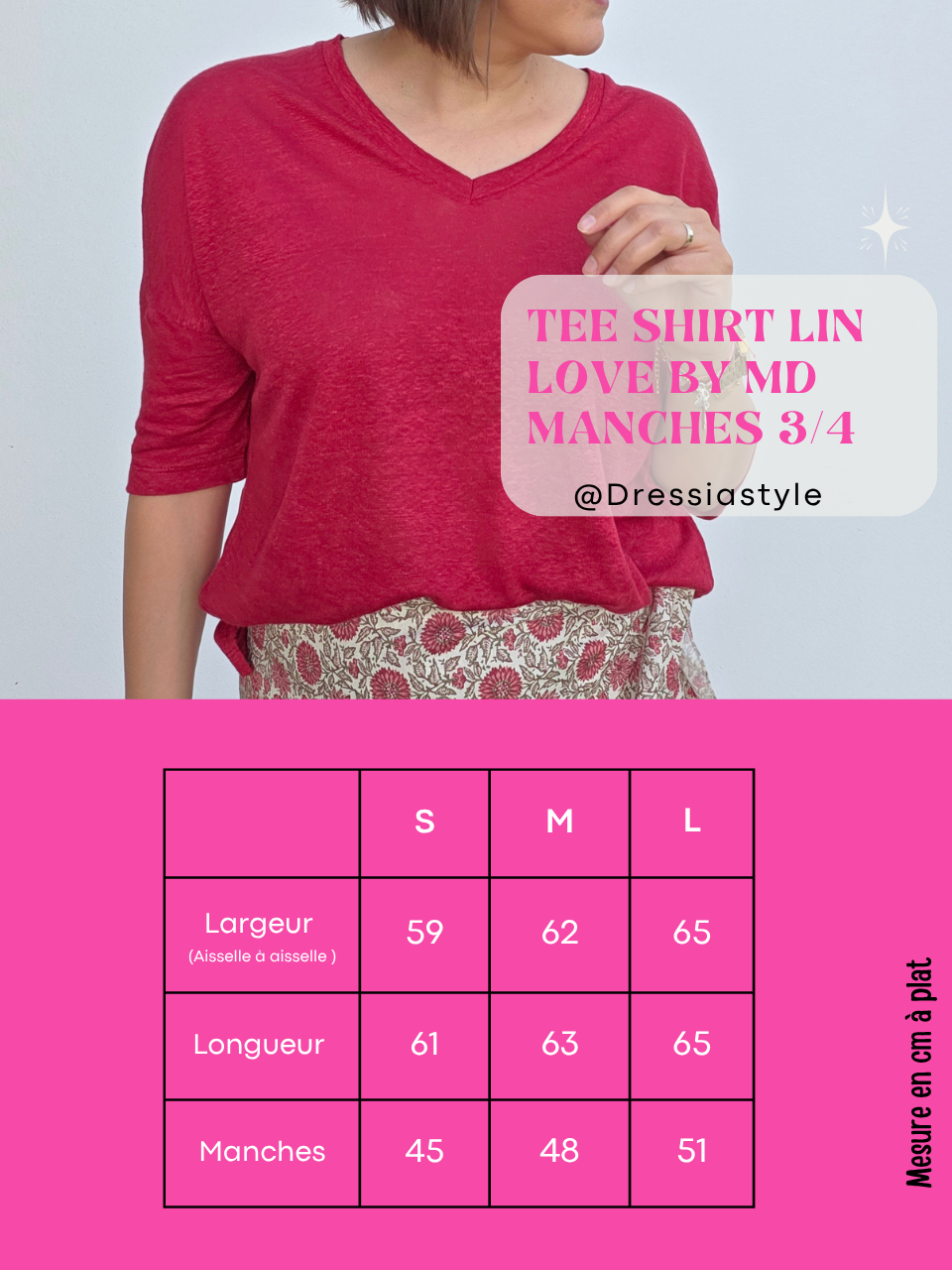 Tee-shirt en lin manches 3/4 rouge cerise – Love by MD