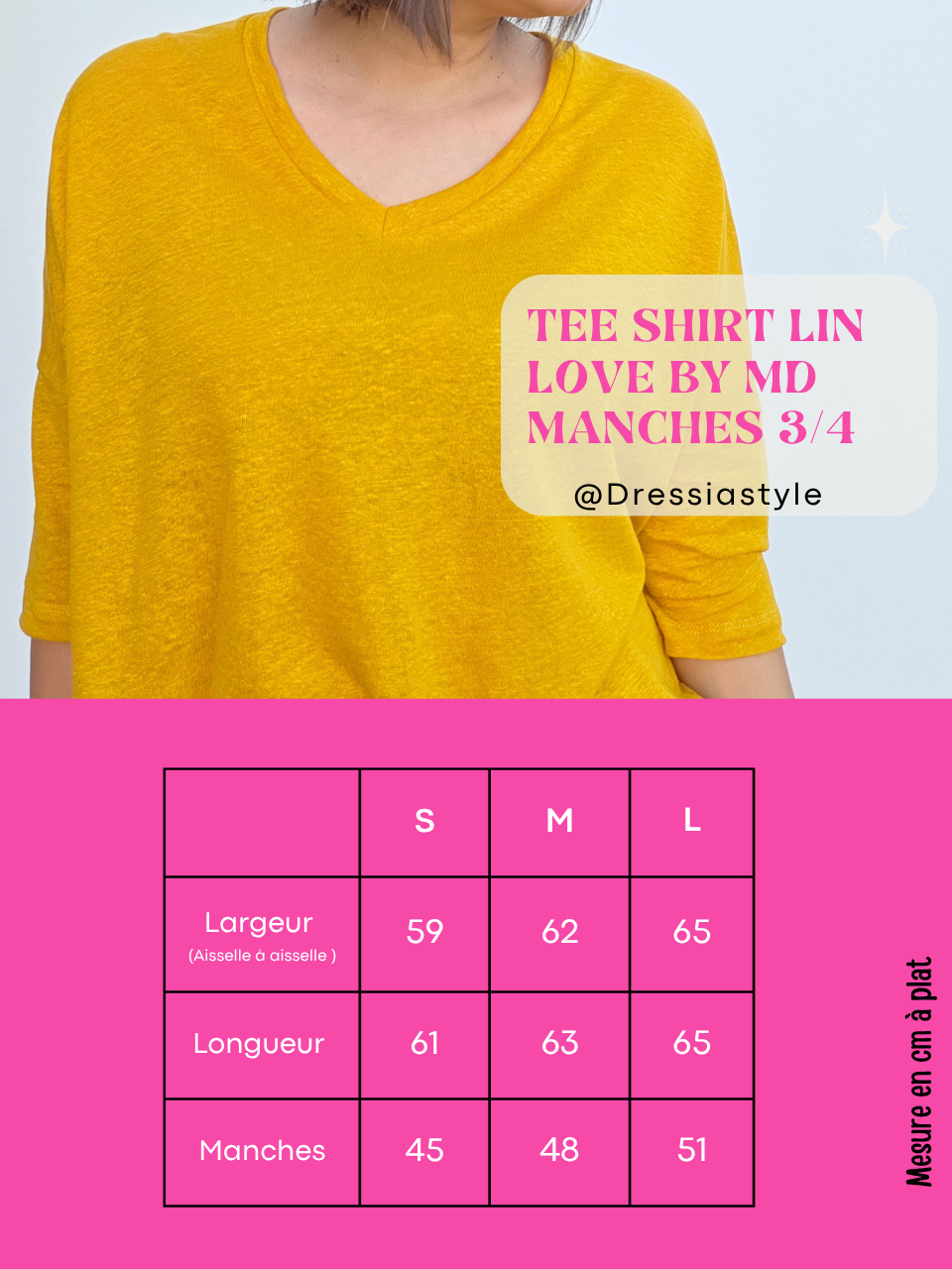 Tee-shirt manches 3/4 en lin jaune moutarde femme Love By MD