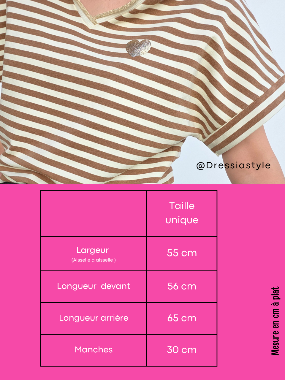 Tee-shirt rayé femme col V doré cœur pailleté – Bleu/Rose ou Beige/Camel