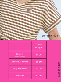 Tee-shirt rayé femme col V doré cœur pailleté – Bleu/Rose ou Beige/Camel