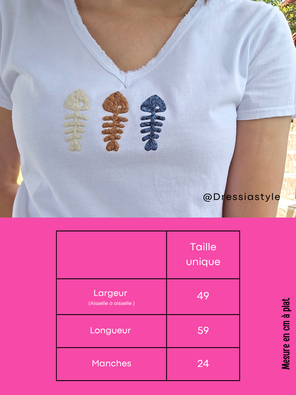 Tee-shirt blanc col V – 3 sardines en laine bouclée - Taille unique