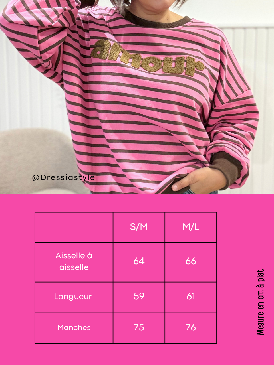 Sweat femme rayé rose et marron Amour – Coupe oversize