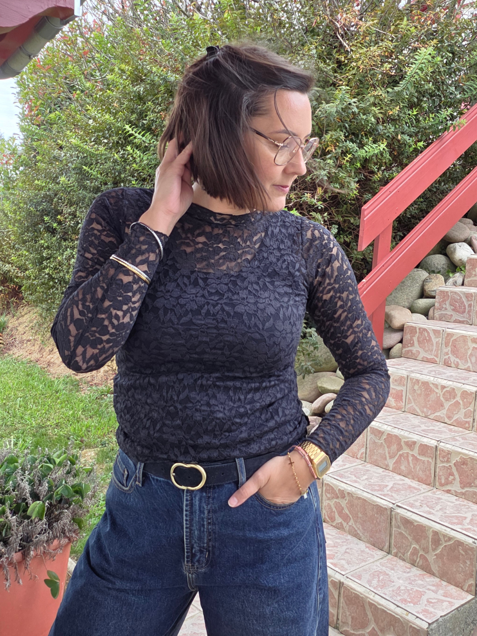 Haut dentelle noir femme manches longues