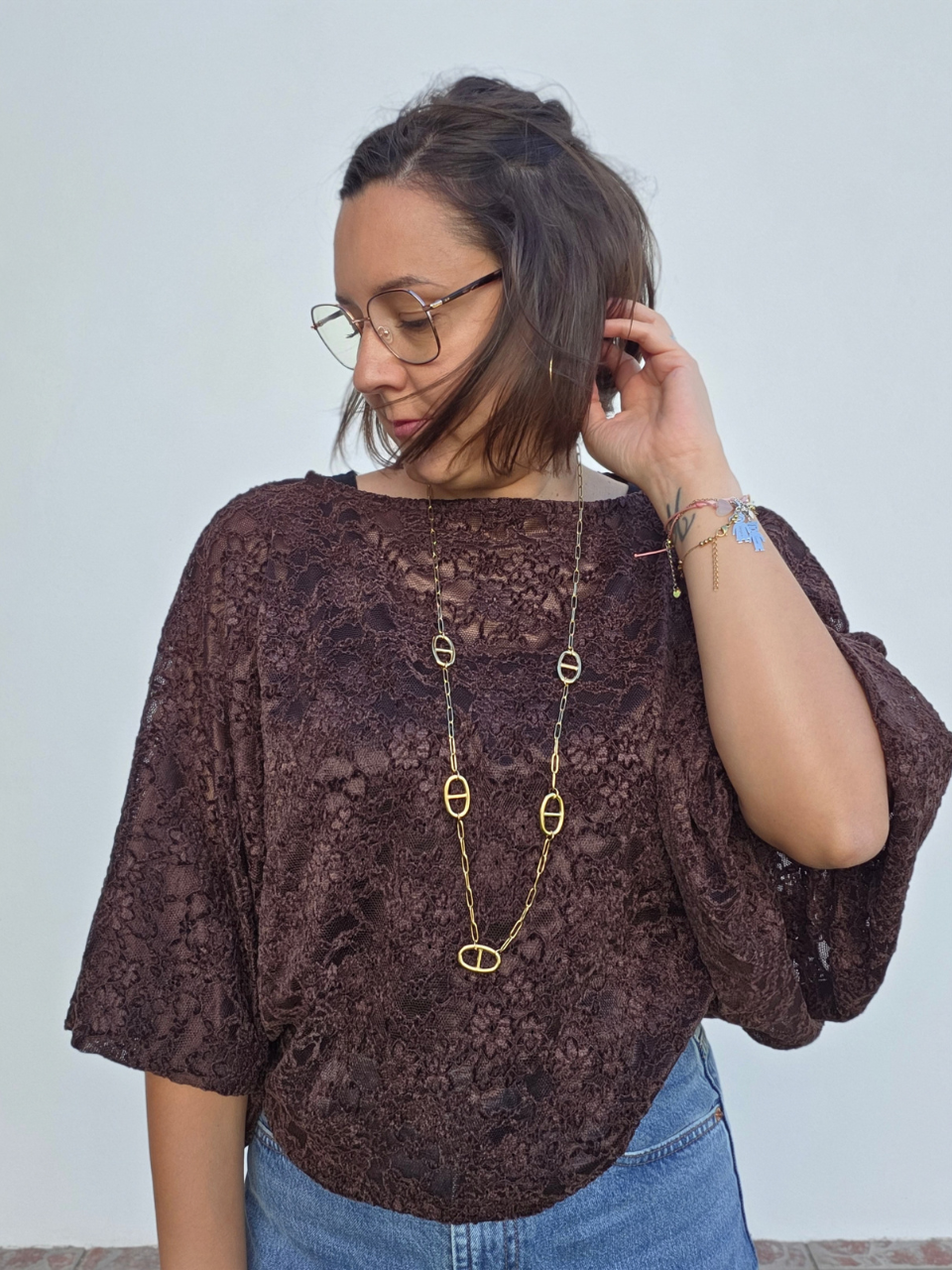Haut dentelle velours manches boule femme