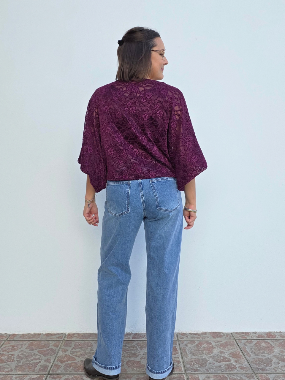 Haut dentelle velours manches boule femme