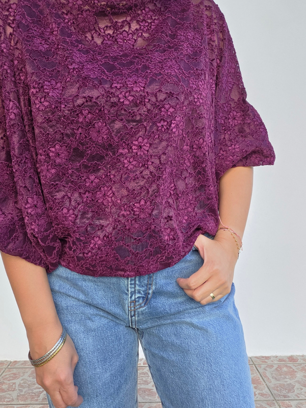 Haut dentelle velours manches boule femme