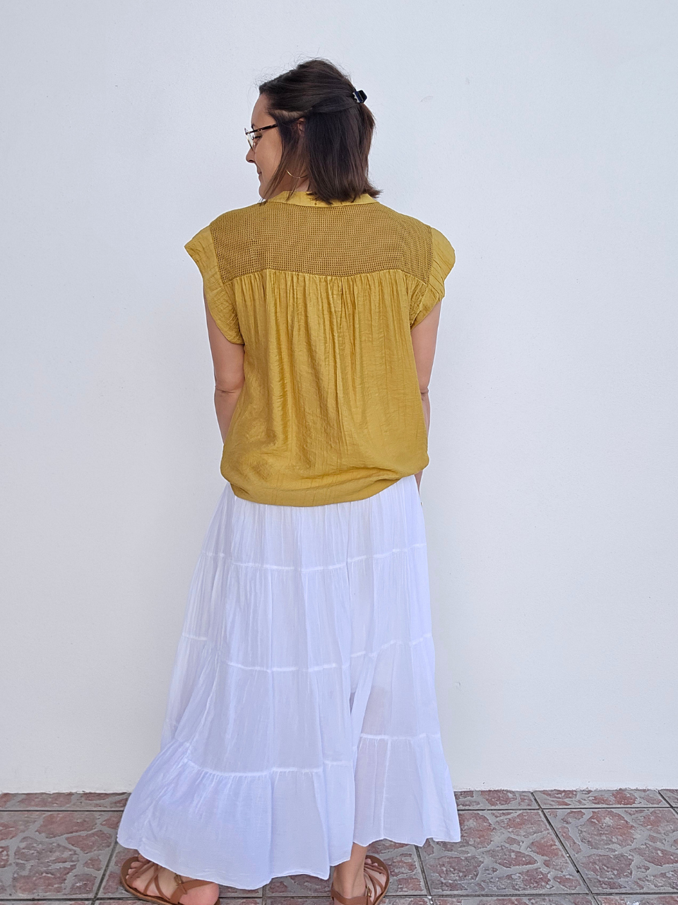 Haut fluide ajouré aux épaules – Ocre, Blanc & Vieux rose