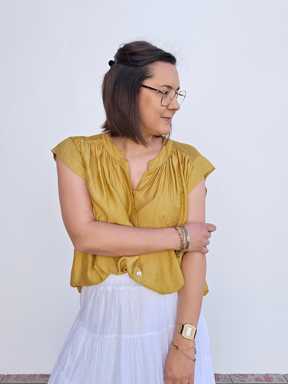 Haut fluide ajouré aux épaules – Ocre, Blanc & Vieux rose