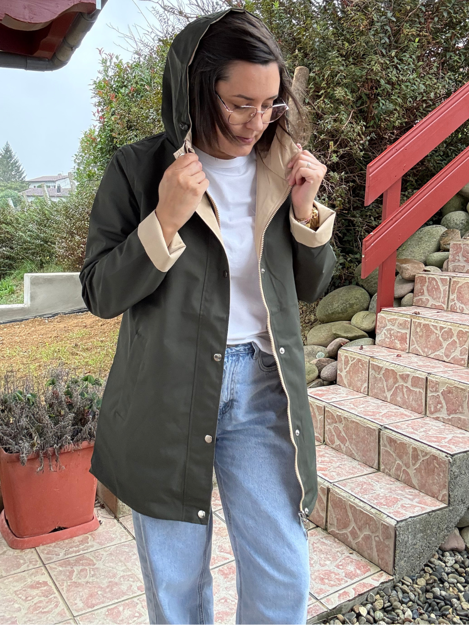 Imperméable réversible femme kaki et beige déperlante à capuche
