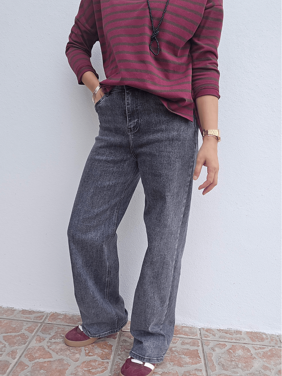 Jean gris ardoise femme – coupe droite large taille haute