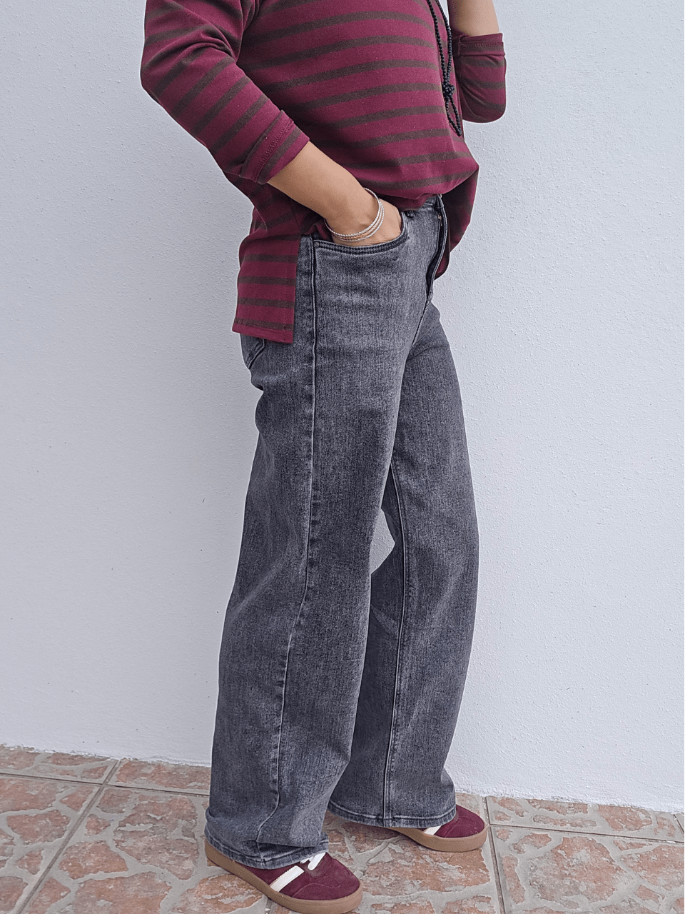 Jean gris ardoise femme – coupe droite large taille haute