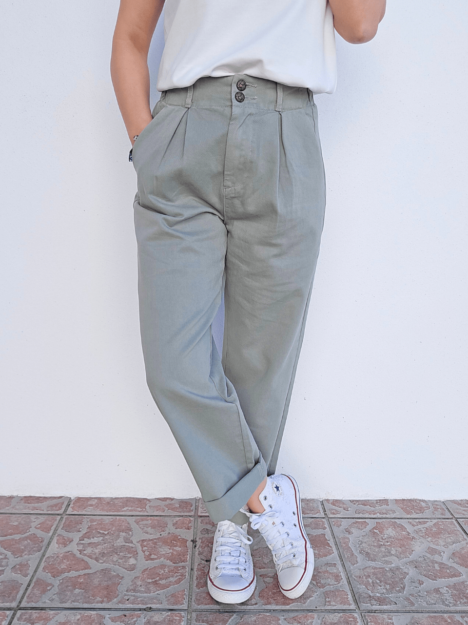 Jean mom femme taille haute vert sauge – Oraije