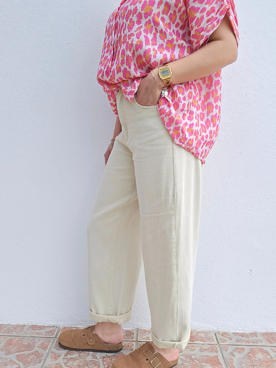 Jean femme coupe barrel beige taille haute