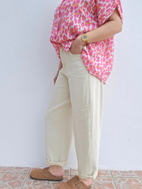 Jean femme coupe barrel beige taille haute