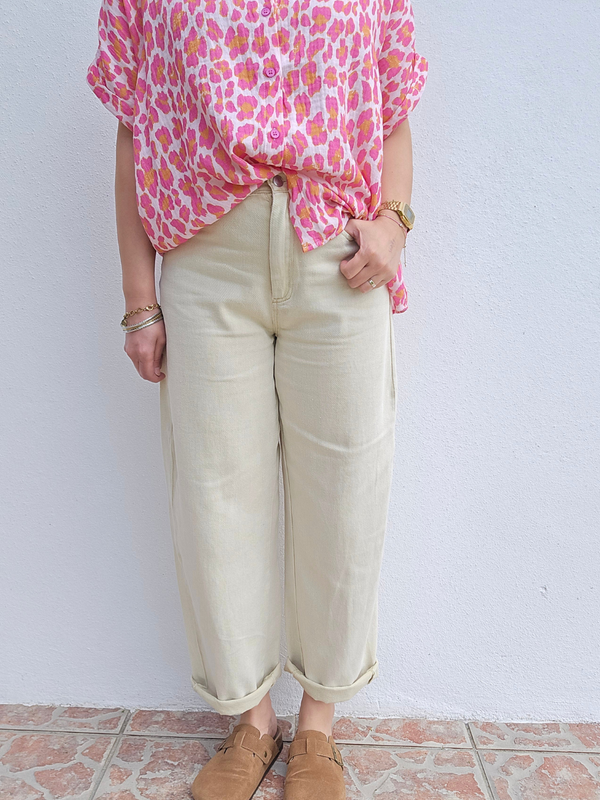 Jean femme coupe barrel beige taille haute