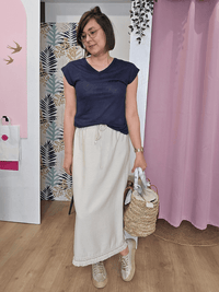 Jupe longue beige à dentelle & bord frangé