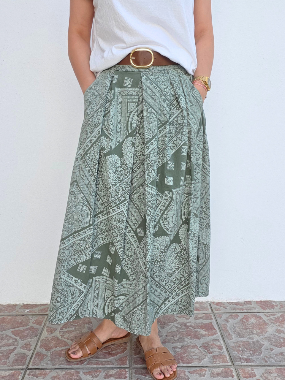 Jupe longue en coton imprimé bandana avec ceinture – Taille unique 36 à 40