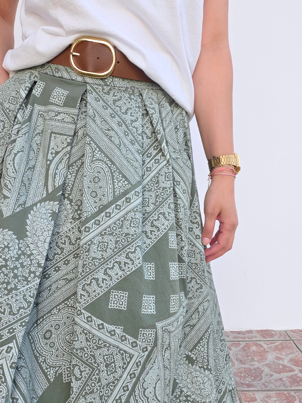 Jupe longue en coton imprimé bandana avec ceinture – Taille unique 36 à 40