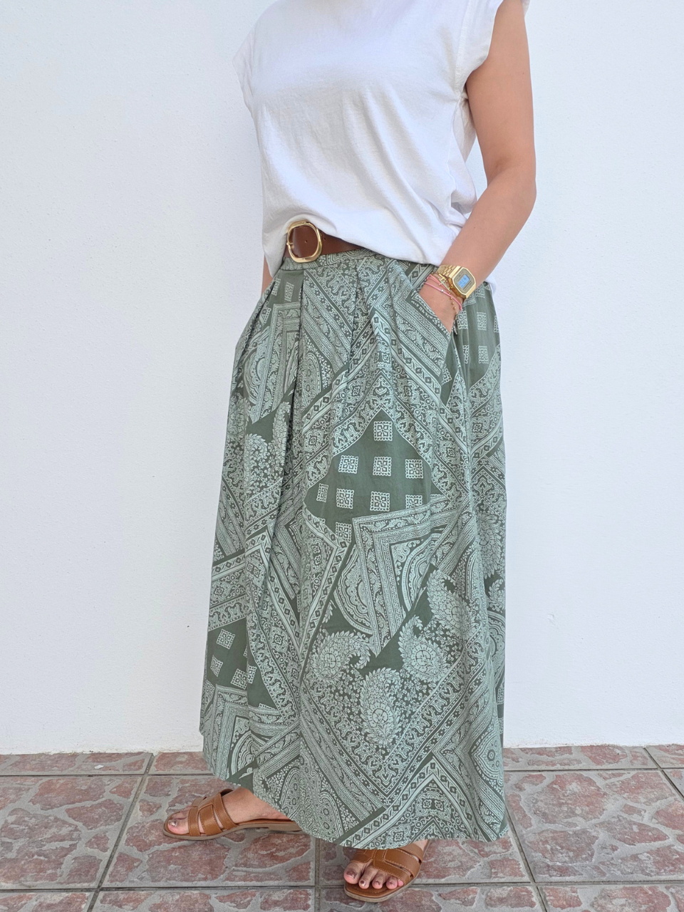 Jupe longue en coton imprimé bandana avec ceinture – Taille unique 36 à 40