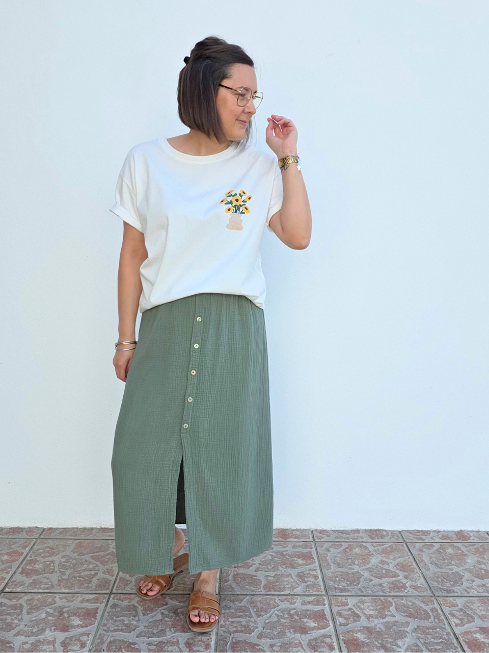 Look jupe gaze de coton kaki