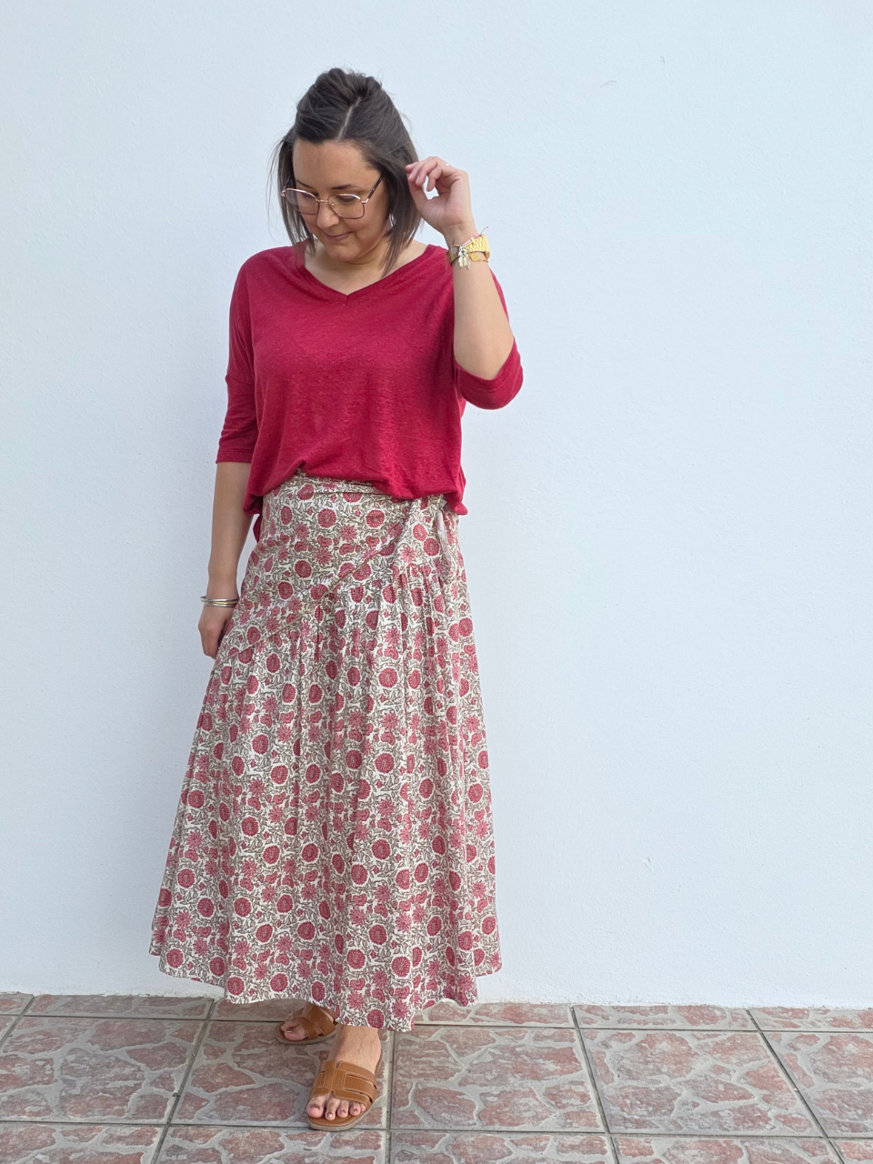 Jupe longue imprimé tournesol avec foulard assorti – fond écru ou rose