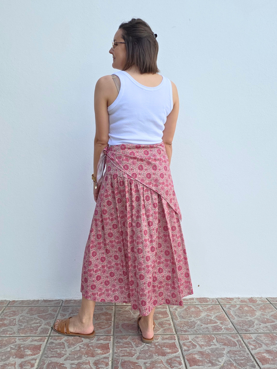Jupe longue imprimé tournesol avec foulard assorti – fond écru ou rose