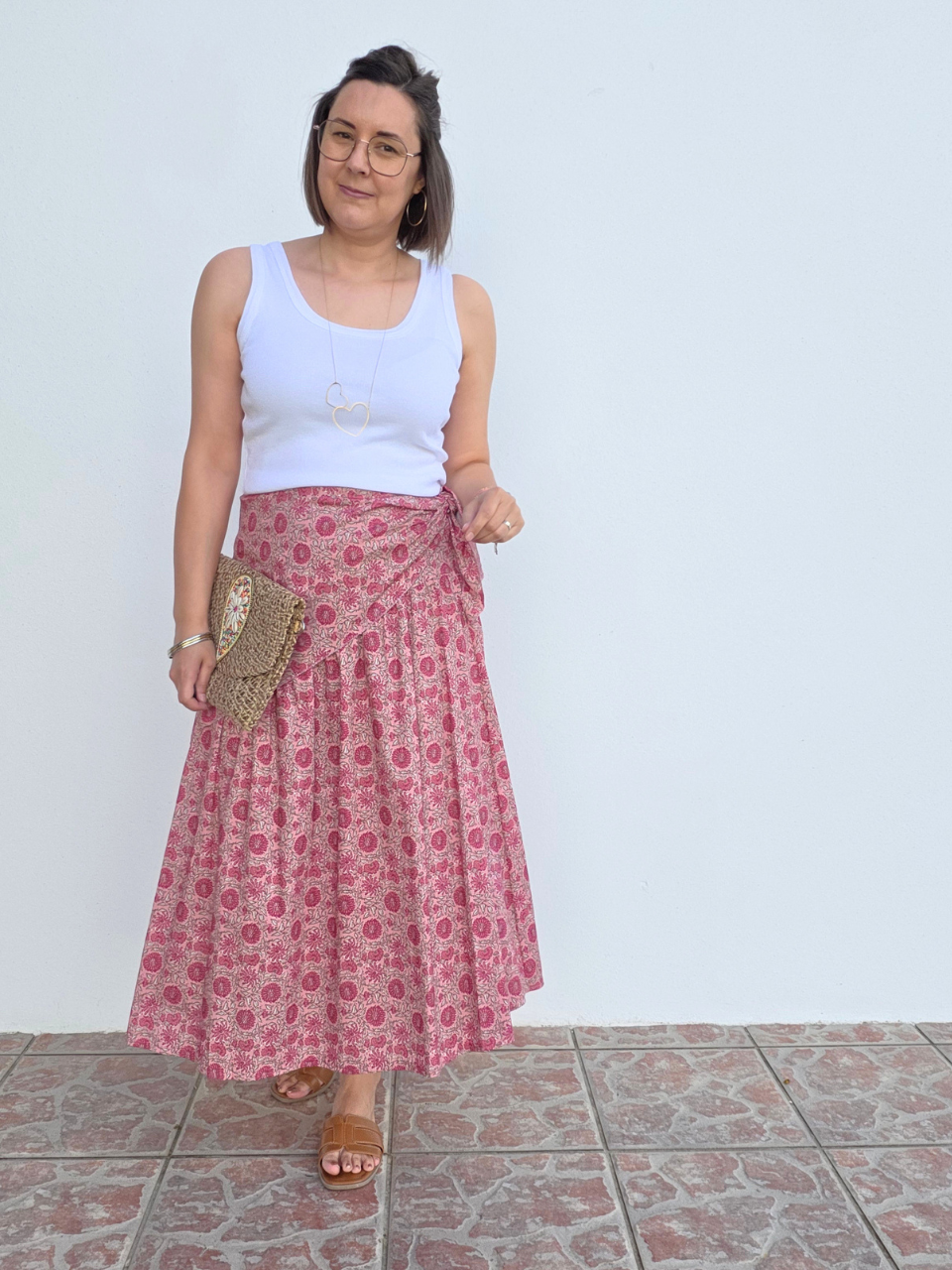 Jupe longue imprimé tournesol avec foulard assorti – fond écru ou rose