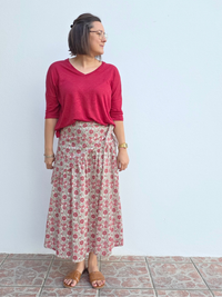 Jupe longue imprimé tournesol avec foulard assorti – fond écru ou rose