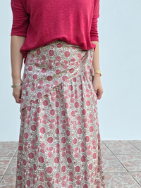 Jupe longue imprimé tournesol avec foulard assorti – fond écru ou rose