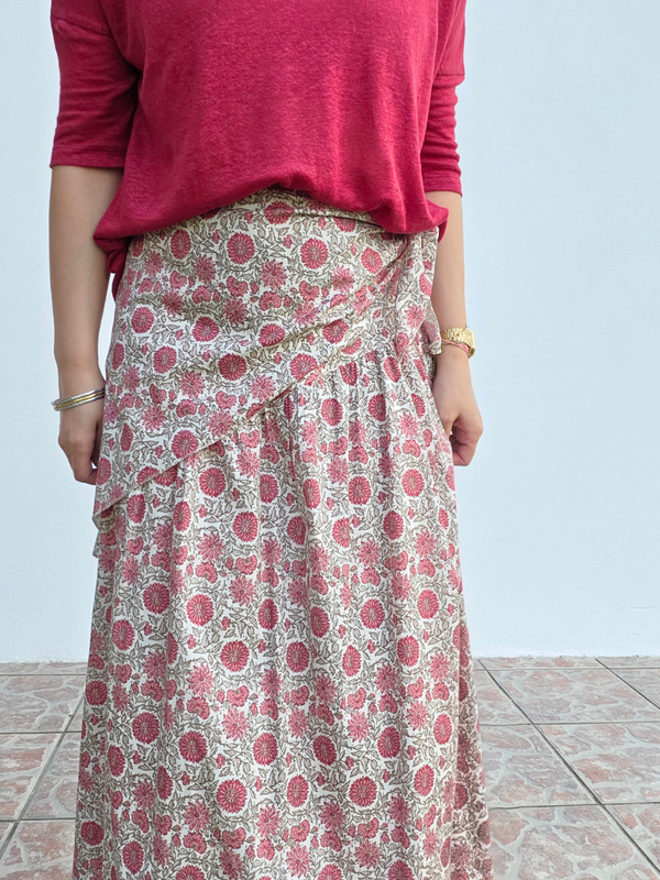 Jupe longue imprimé tournesol avec foulard assorti – fond écru ou rose