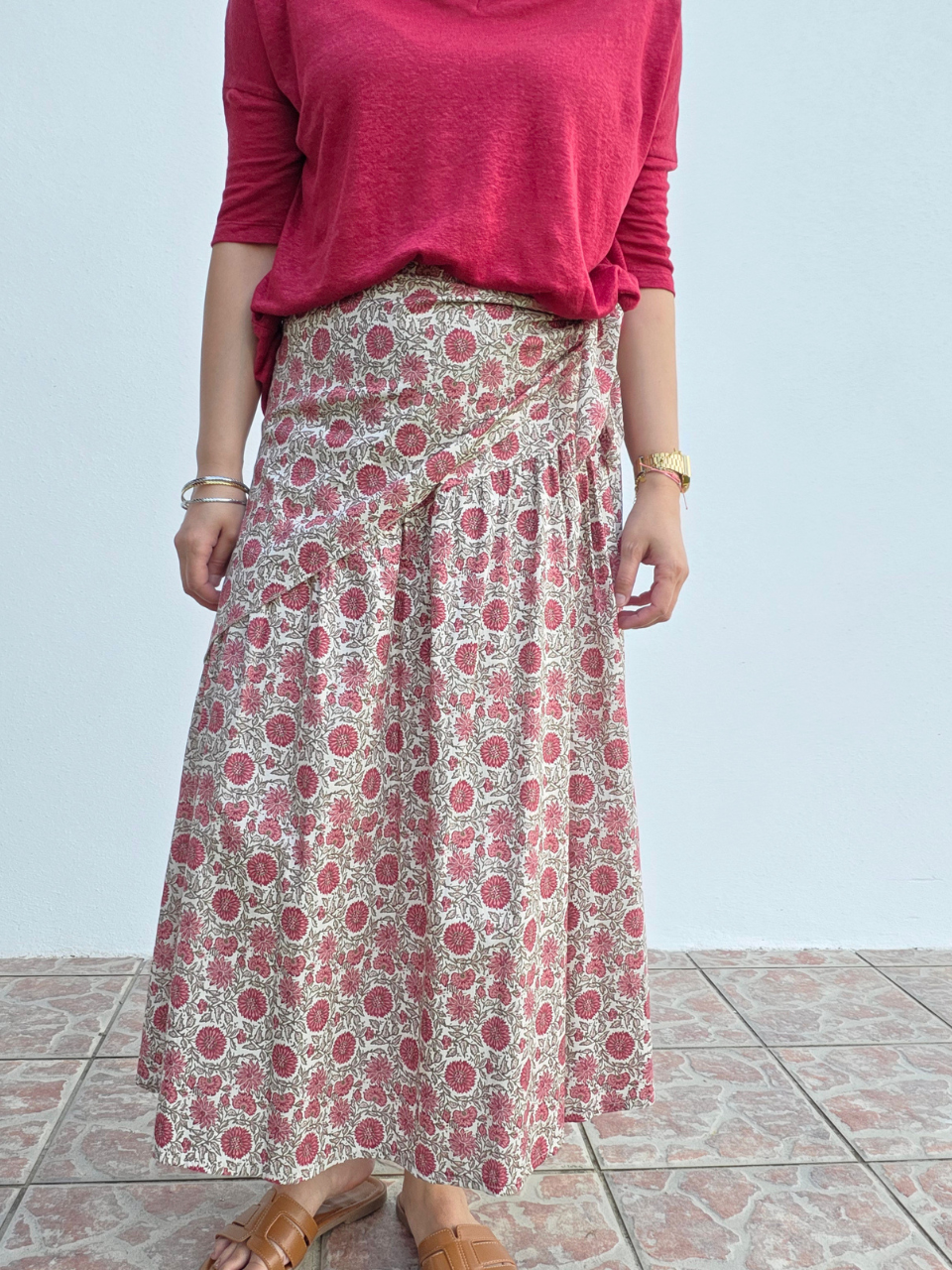 Jupe longue imprimé tournesol avec foulard assorti – fond écru ou rose