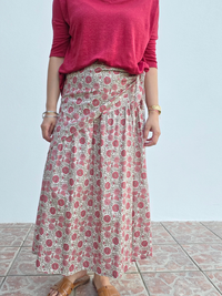 Jupe longue imprimé tournesol avec foulard assorti – fond écru ou rose