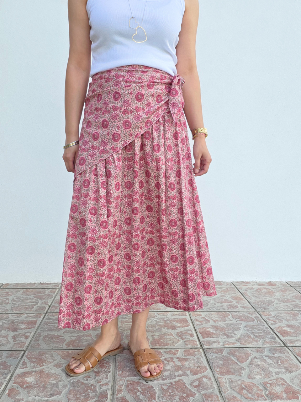 Jupe longue imprimé tournesol avec foulard assorti – fond écru ou rose