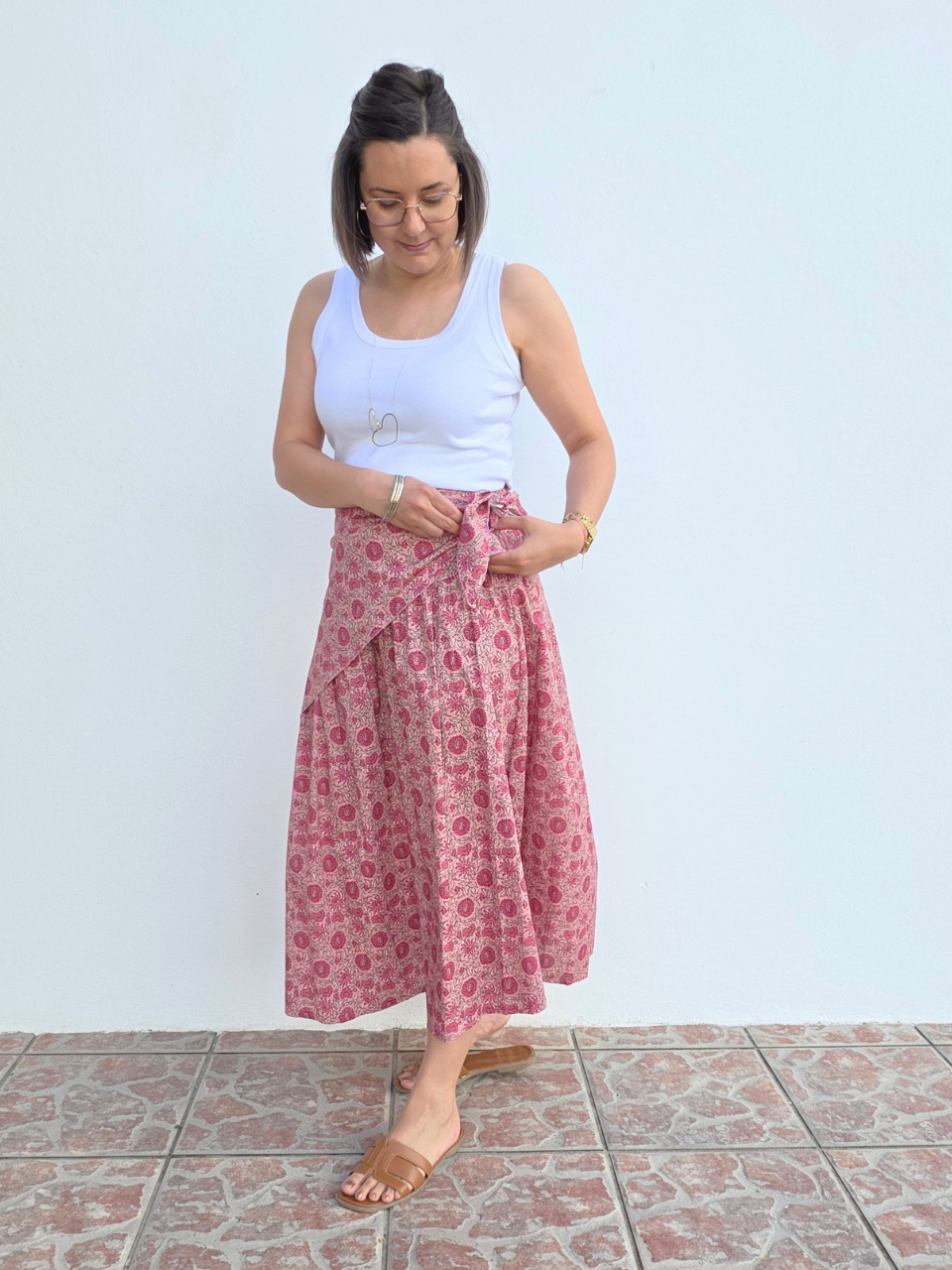 Jupe longue imprimé tournesol avec foulard assorti – fond écru ou rose