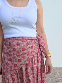 Jupe longue imprimé tournesol avec foulard assorti – fond écru ou rose