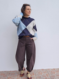 Pantalon barrel femme marron taille haute avec ceinture