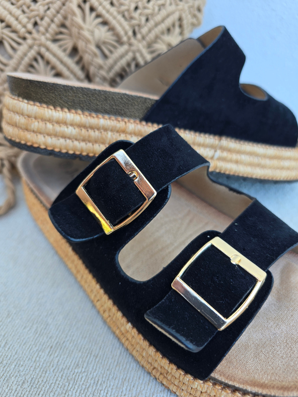 Mules plateforme noires – 2 brides réglables, semelle raphia