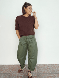 Pantalon barrel femme kaki taille haute avec ceinture
