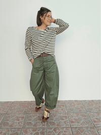 Pantalon barrel femme kaki taille haute avec ceinture