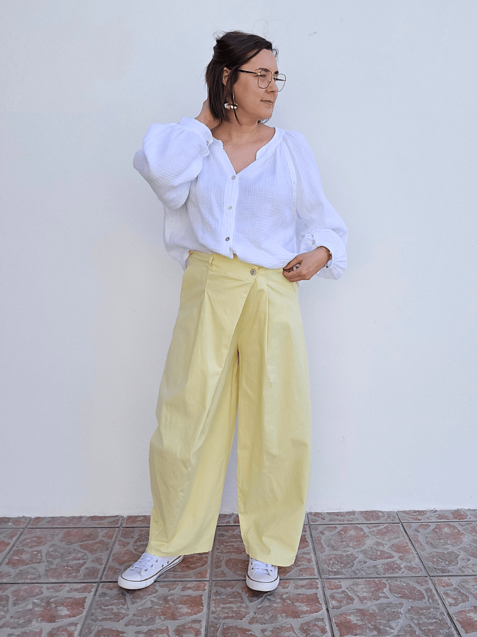 Pantalon large jaune en coton – coupe barrel & taille élastique