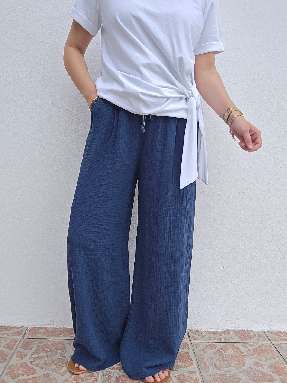 Pantalon gaze de coton marine femme