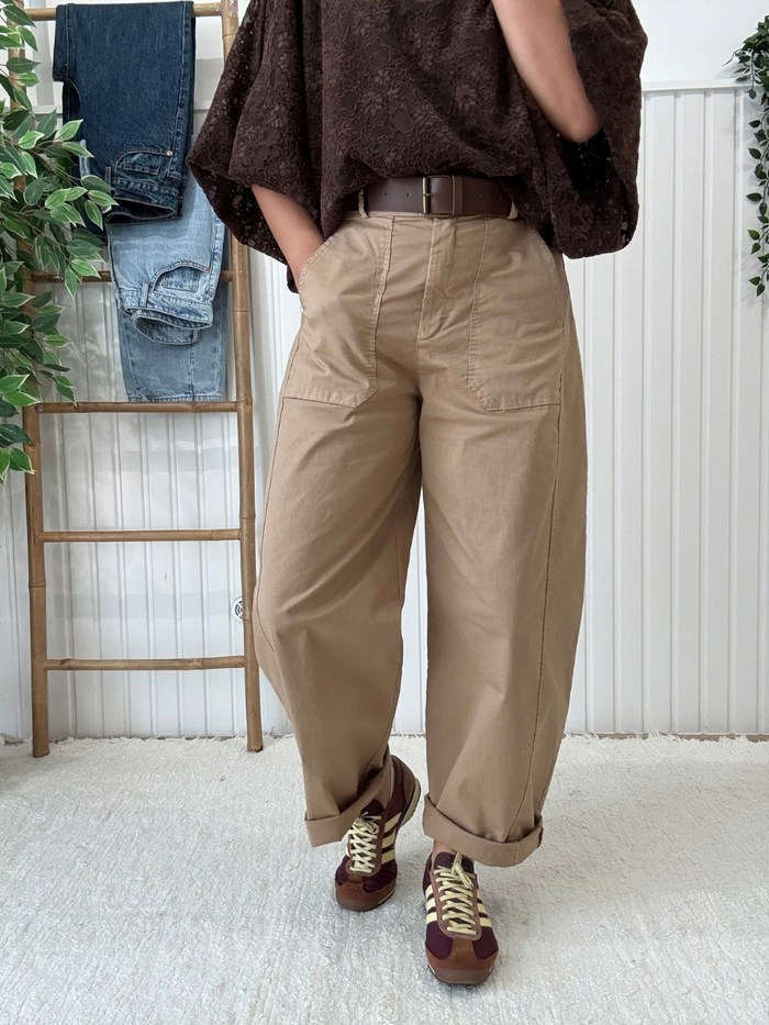 Pantalon barrel beige femme avec ceinture – Taille unique 36-40