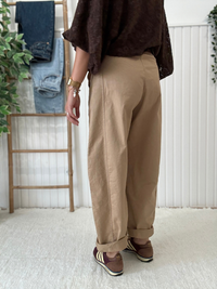 Pantalon barrel beige femme avec ceinture – Taille unique 36-40